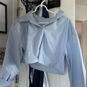 SHEIN Button Up Collared Formal Business Women's Baby Blue Crop-Top Blouse